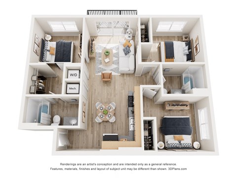 Floor plan for 3 beds, 2 baths, 1033 sqft